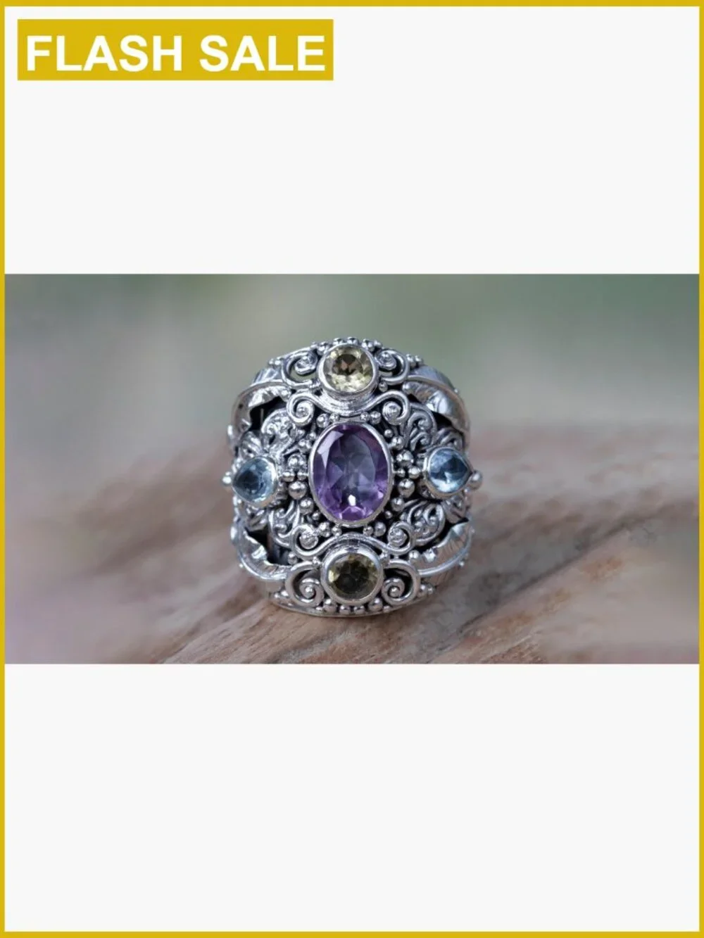 Handcrafted Sterling Silver Butterfly Ring with Amethyst & Topaz